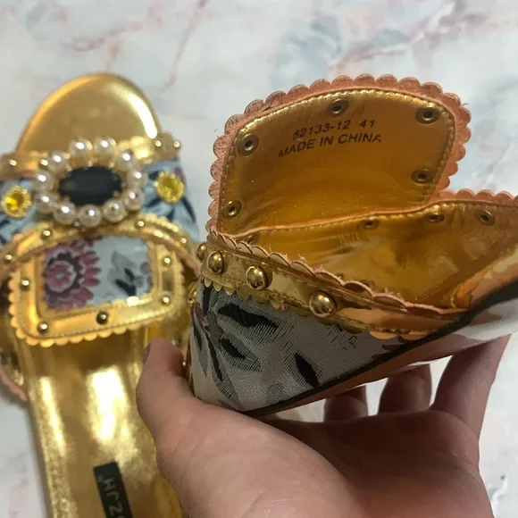 XOBZJH Evening Slides Rhinestone Sandal gold party shoes embroidery shoes 9.5 - Picture 12 of 13